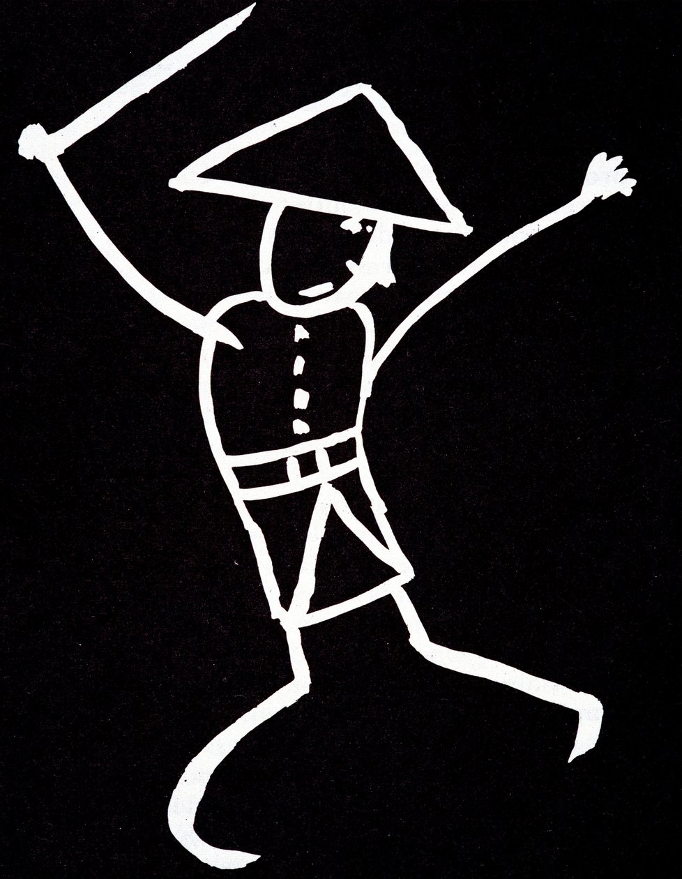 Personnage avec chapeau, uniforme et ailes. Dessin animé par Emile Cohl (1857-1938) en blanc sur noir - Cohl