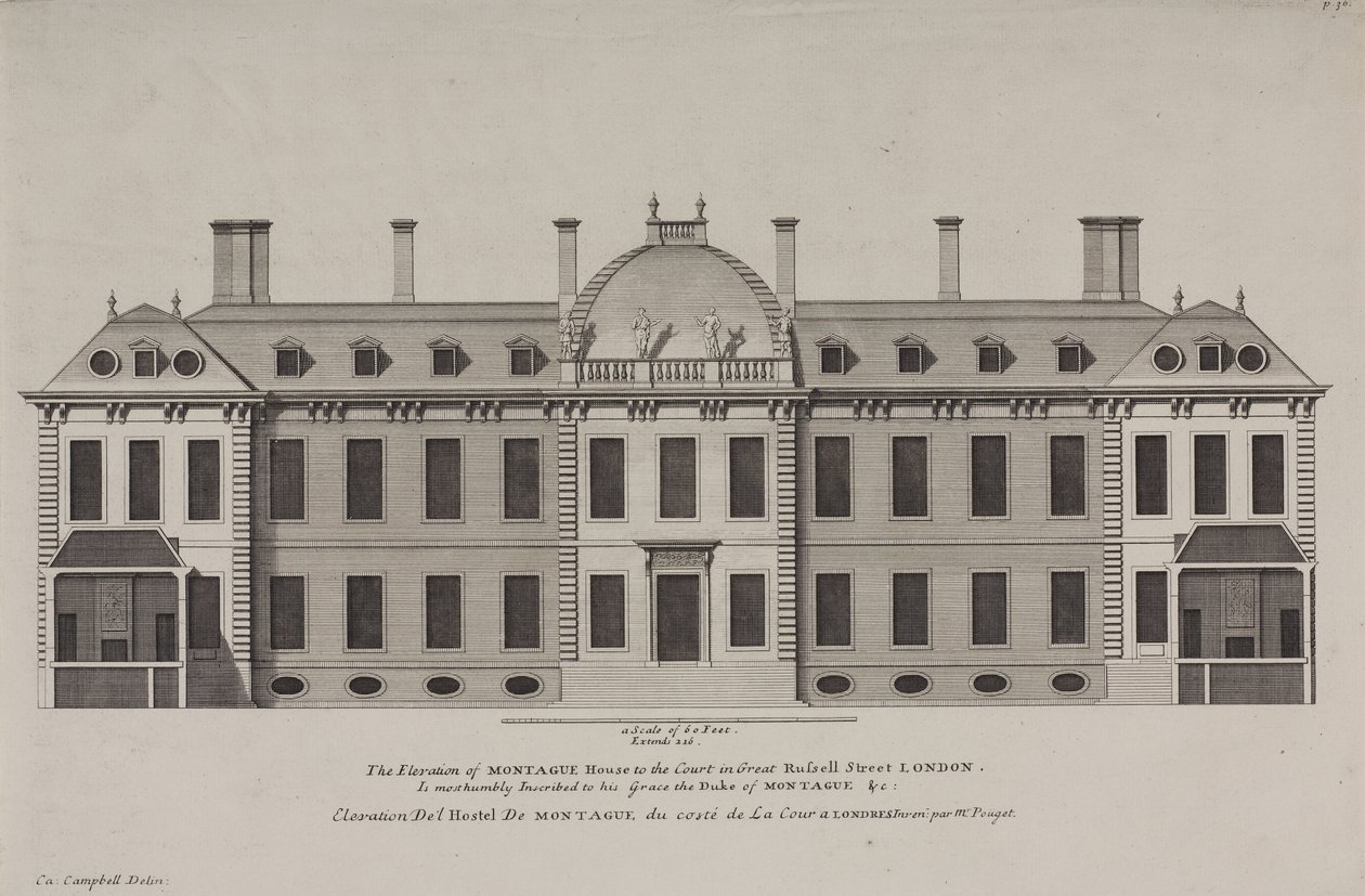Élévation de Montague House vers la cour de Great Russell Street, Holborn, c.1725 (gravure) - Colen Campbell
