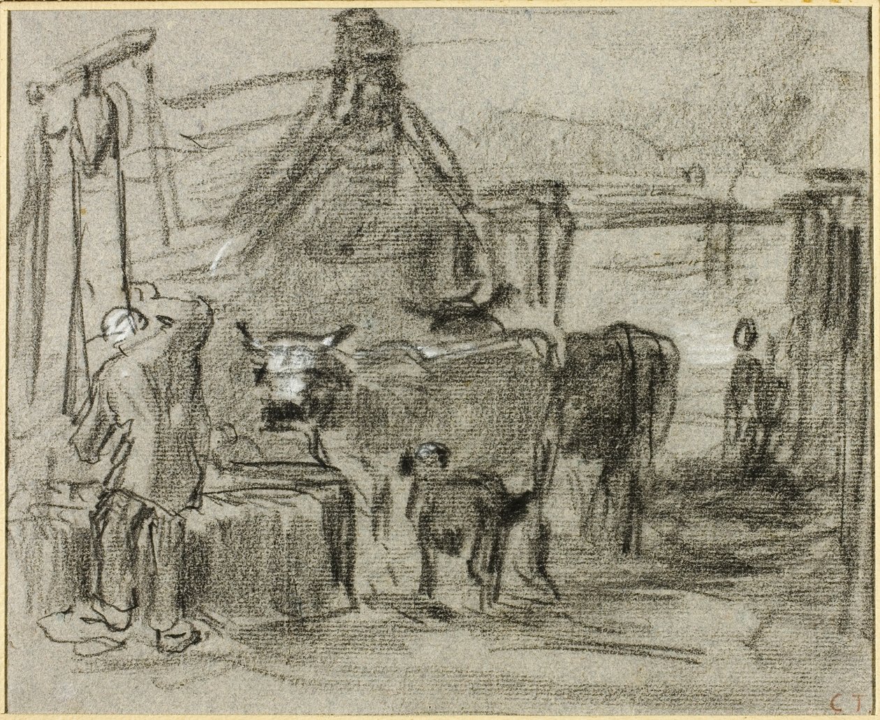 Cour de ferme avec homme et bétail - Constant Troyon