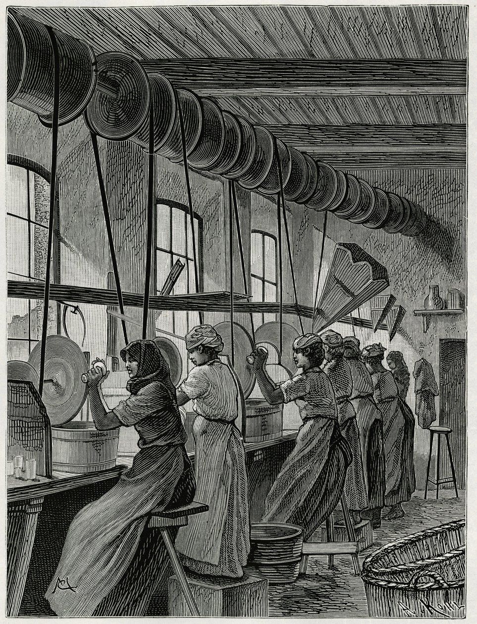 Un atelier de femmes à la verrerie du Val Saint Lambert. Gravure par C.Meunier pour illustrer le récit « La Belgique », par Camille Lemonnier (1844-1913), écrivain et critique d