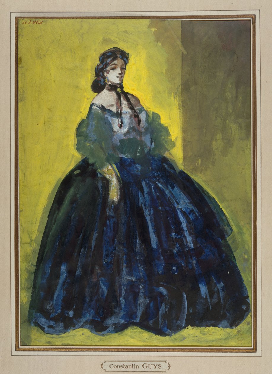 Studie einer Frau im blauen Kleid vor gelbem und grünem Hintergrund, um 1865 - Constantin Guys