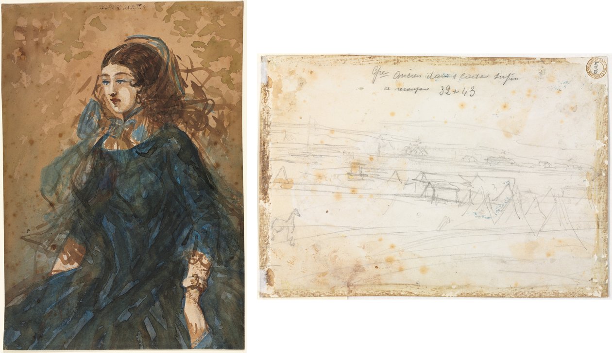 Femme en robe bleue (recto); Scène de camp de guerre (verso) - Constantin Guys