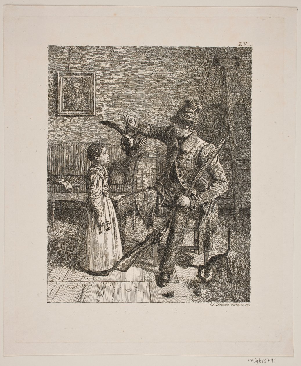 Danish : Un chasseur montrant sa proie à une petite fille - Constantin Hansen