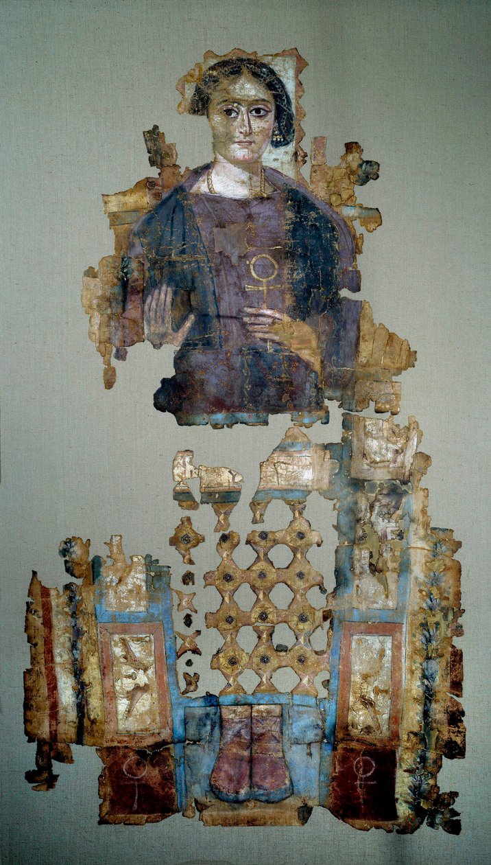 Art copte : fragment de linceul peint représentant une jeune femme appelée la dame à la croix ansée. D