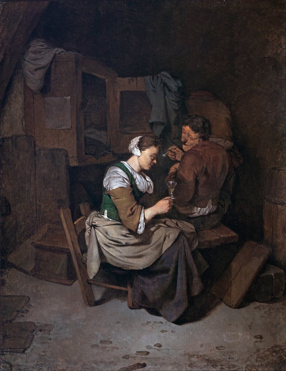 Femme avec un verre de vin et deux paysans masculins - Cornelis Pietersz Bega