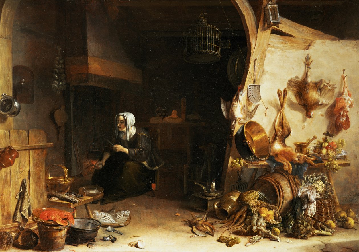 Intérieur de cuisine avec une servante entourée d