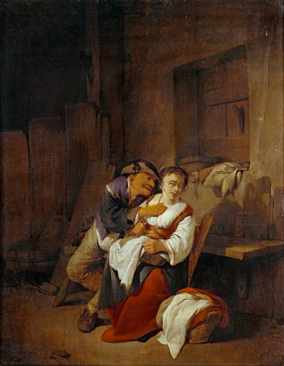 Vieillard lutinant une jeune femme dans un interieur … - Cornelis Bega