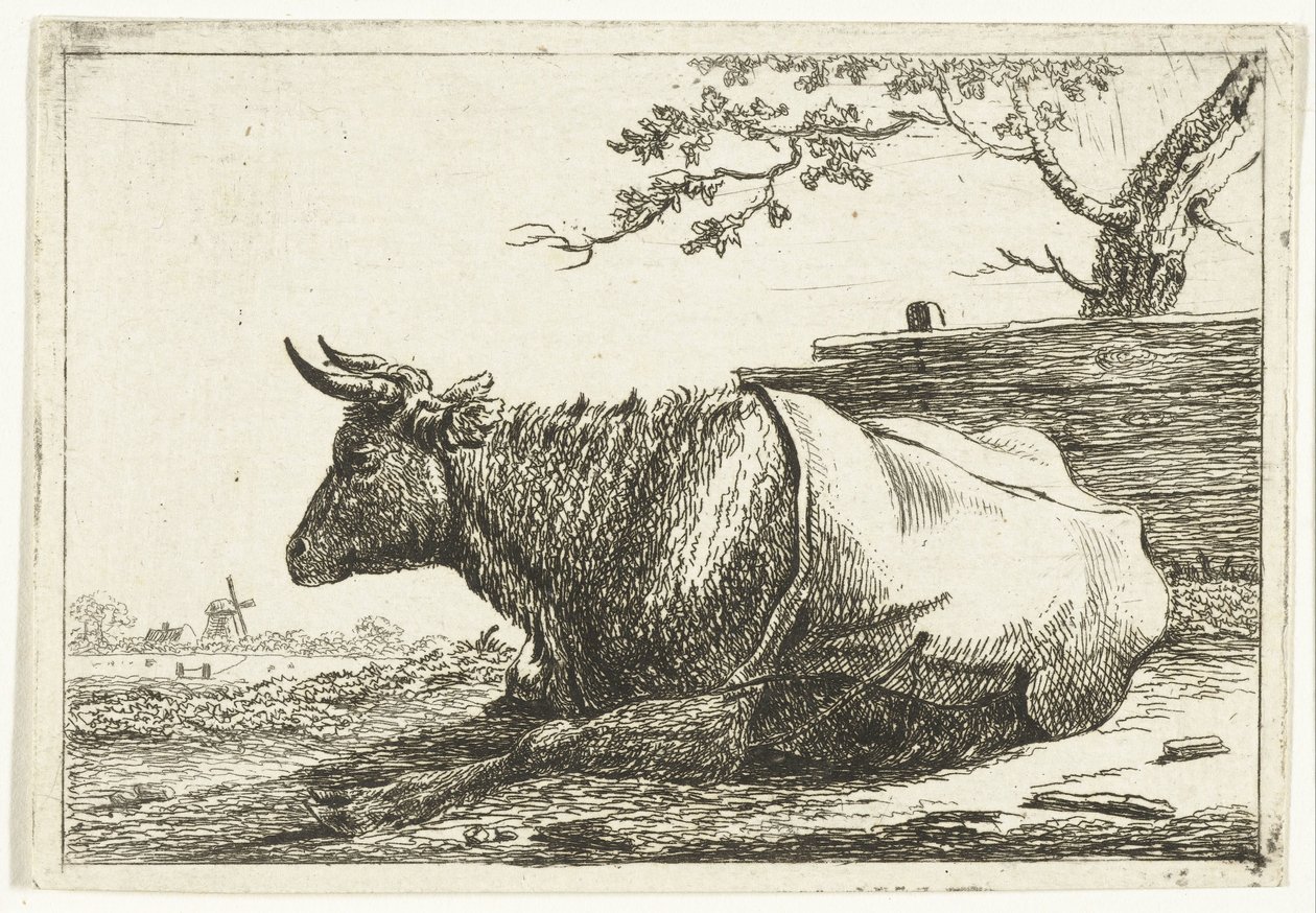Paysage avec vache couchée avec couverture sur le dos - Cornelis  Bisschop