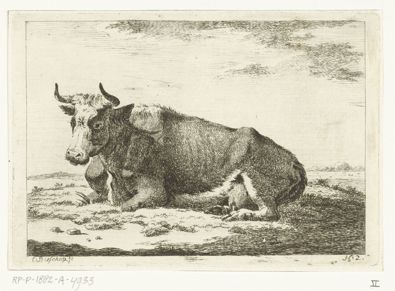 Paysage avec vache couchée avec cornes (série de vaches) - Cornelis  Bisschop