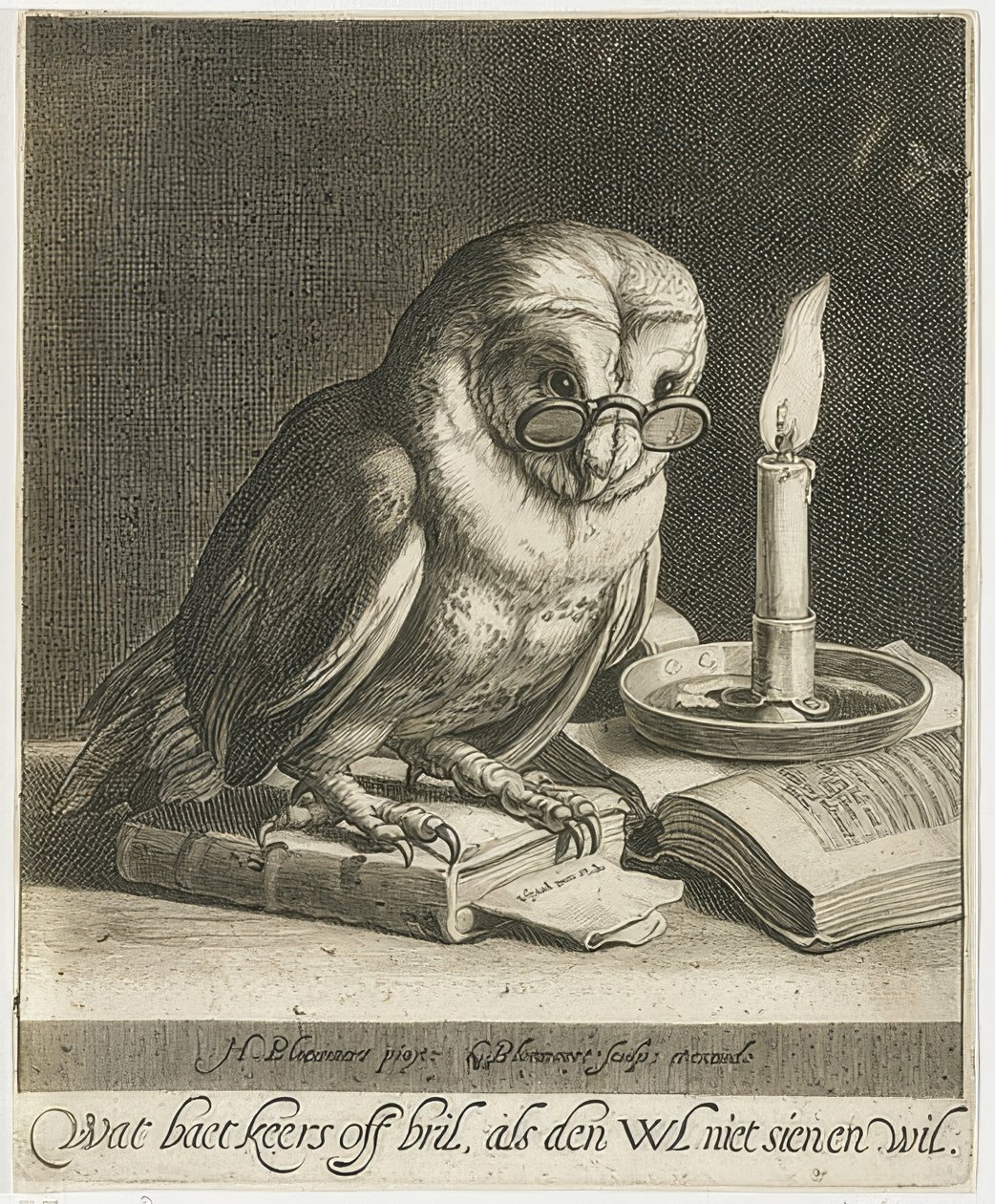 Chouette avec lunettes et livres. Vers 1625 - Cornelis Bloemaert