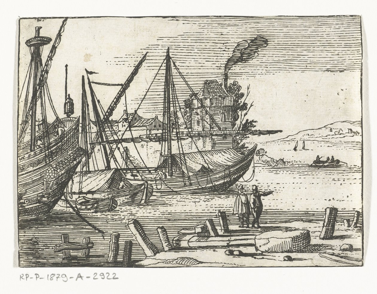 Vue du port avec deux voiliers et un galion, deux hommes sur le quai - Cornelis Bol (attributed to)