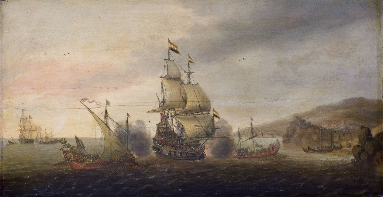 Bataille navale entre des navires de guerre néerlandais et des galères espagnoles - Cornelis Bol