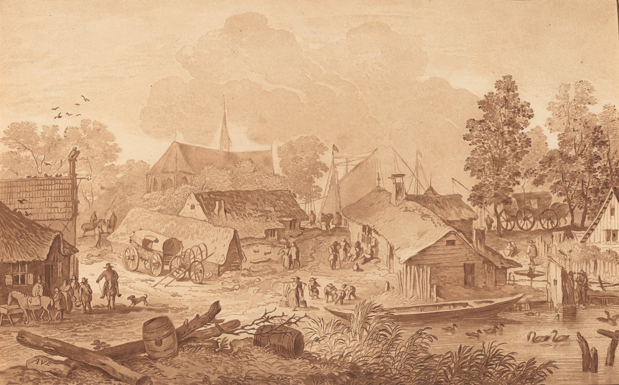 Village avec étang - Cornelis Brouwer