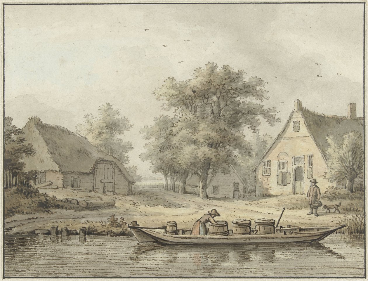Paysage avec une barque amarrée avec des tonneaux - Cornelis Buys