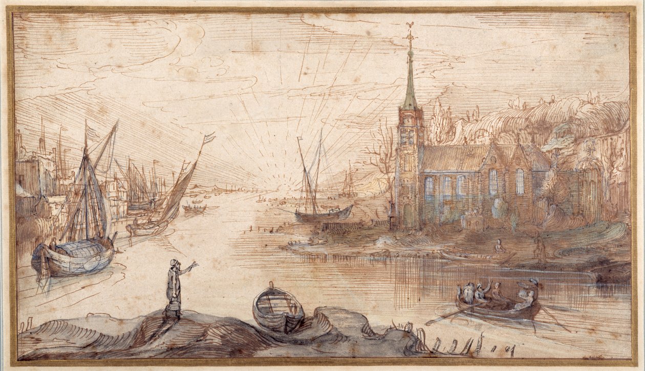 Scène de port avec des navires et une église au coucher du soleil - Cornelis Claesz  van Wieringen