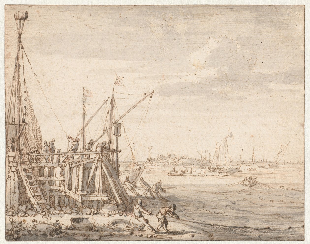 Jetée avec des pêcheurs ramenant leurs filets - Cornelis Claesz  van Wieringen