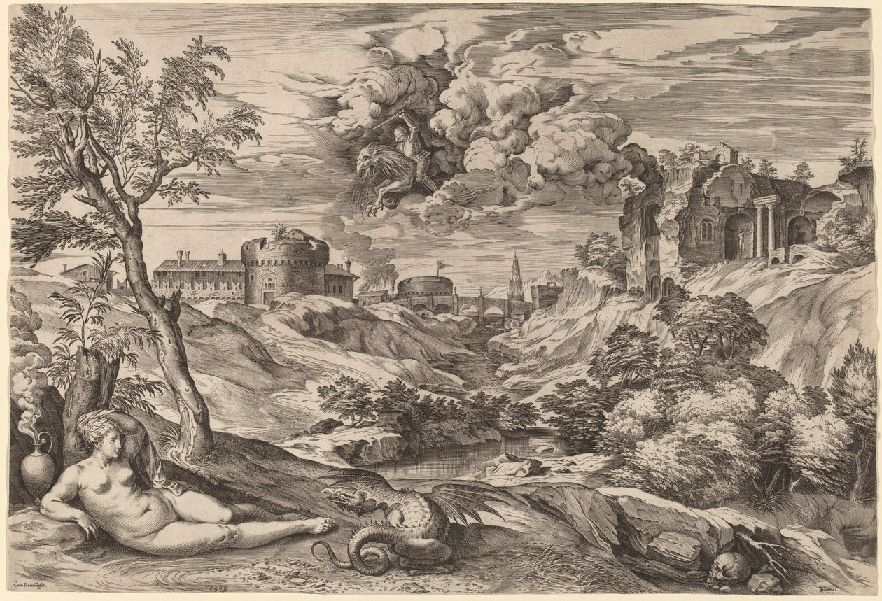 Paysage avec Roger libérant Angélique - Cornelis Cort after Titian