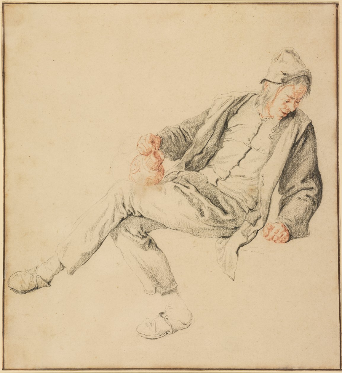 Paysan assis regardant vers le bas à droite, tenant une cruche - Cornelis Dusart