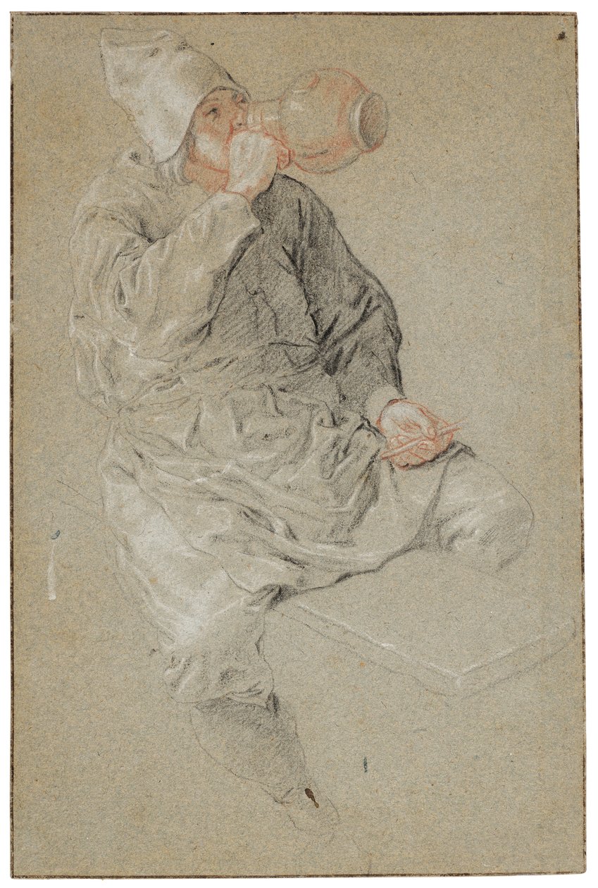 Homme assis buvant dans une chope en terre cuite et tenant une pipe (craie sur papier) - Cornelis Dusart