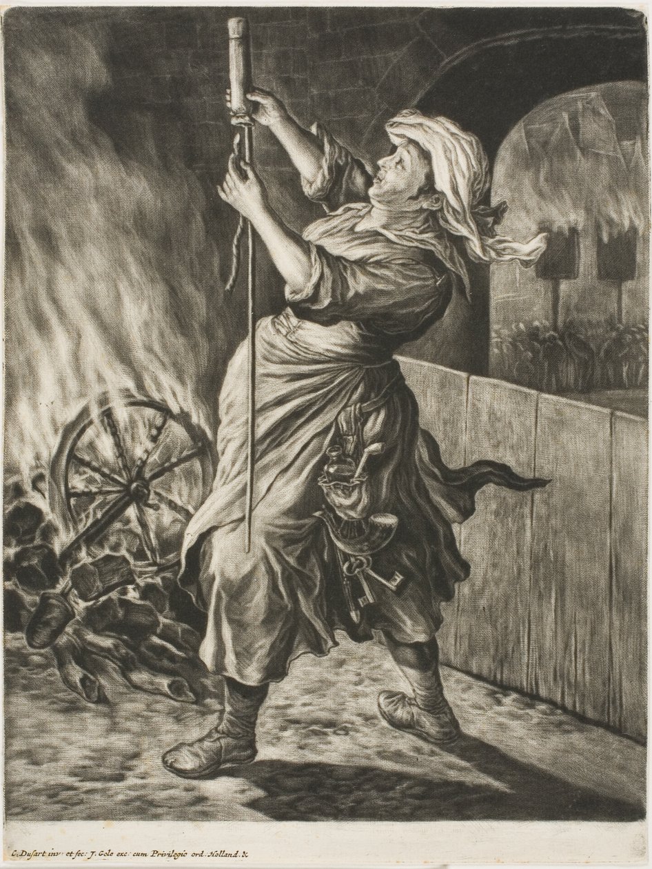 Femme allumant une fusée, aussi appelée La paix me fait avancer, de Communia Gaudia (La grande réjouissance au siège de Namur) - Cornelis Dusart