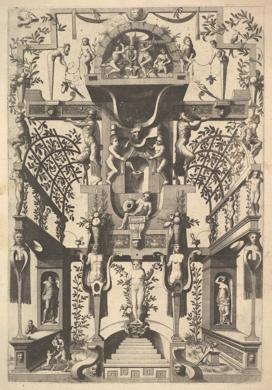 Structure architecturale fantastique avec ornement et deux pergolas et une petite scène avec Vu..., 1557 - Cornelis Floris Ii