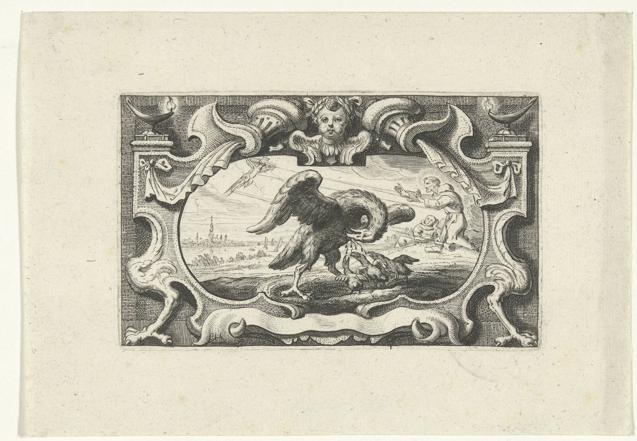Vignette avec un pélican nourrissant ses petits de son propre sang - Cornelis Galle (II) (attributed to)