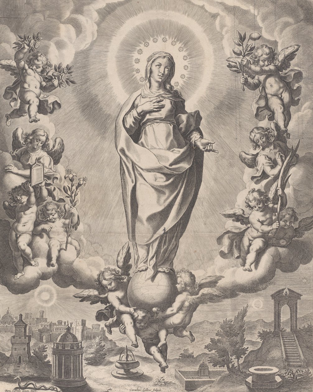 La Vierge en gloire, debout sur des nuages et entourée d
