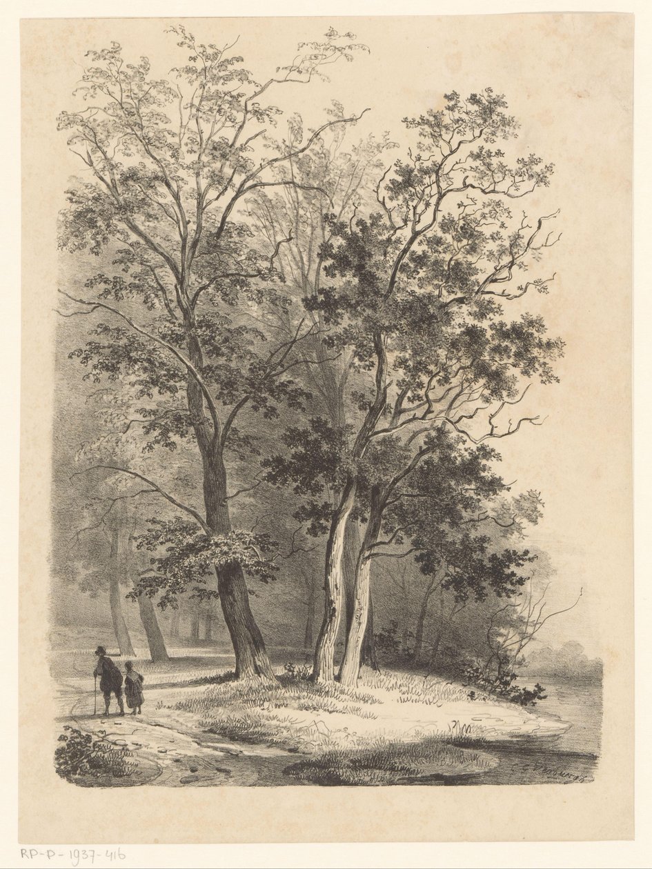 Deux figures marchant dans une forêt - Cornelis Gerrit Verburgh