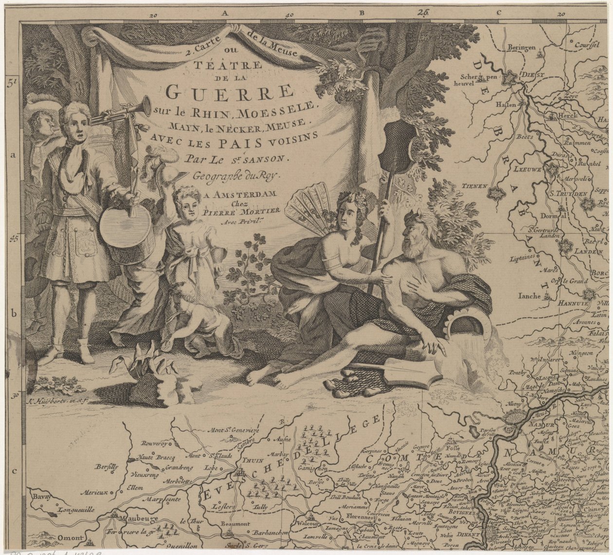 Carte de la Meuse ou Théâtre de la Guerre sur le Rhein, Moessele, Mayn, le Necker, Meuse avec les pais voisins - Cornelis Huyberts