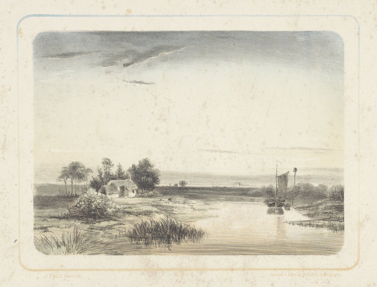 Rivierlandschap met huis en zeilboot - Cornelis Jan Bolt