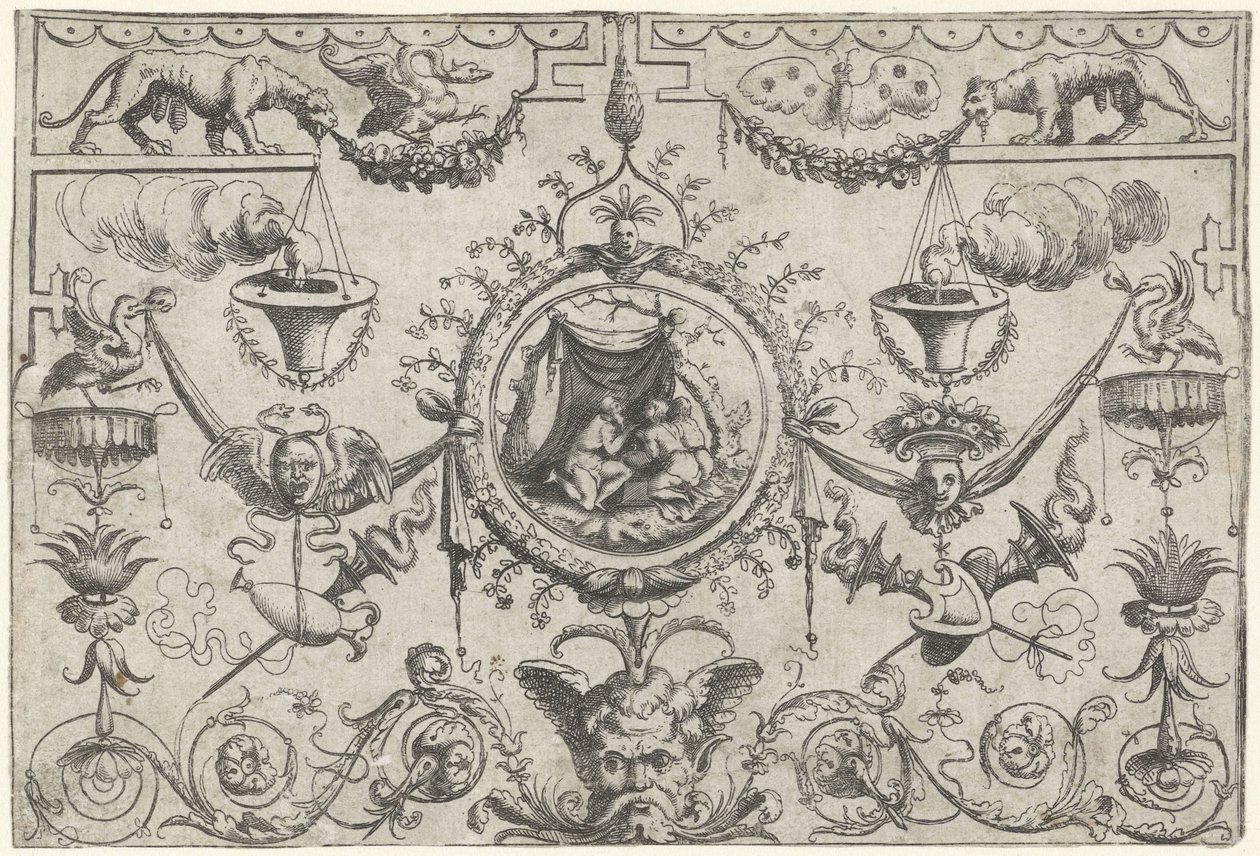 Ornement avec trois figures agenouillées sous un drap - Cornelis Massijs (attributed to)
