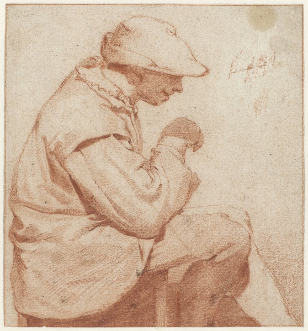 Homme assis avec un bonnet mou, de profil à droite, avec la main droite levée - Cornelis Pietersz. Bega (attributed to)