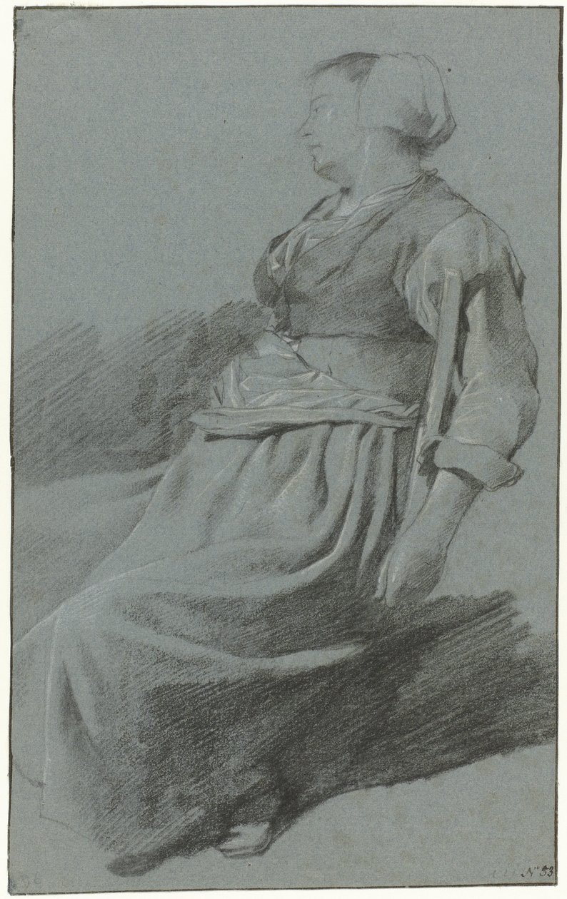 Femme assise, de profil gauche, portant un bonnet, avec son bras sur le dossier d