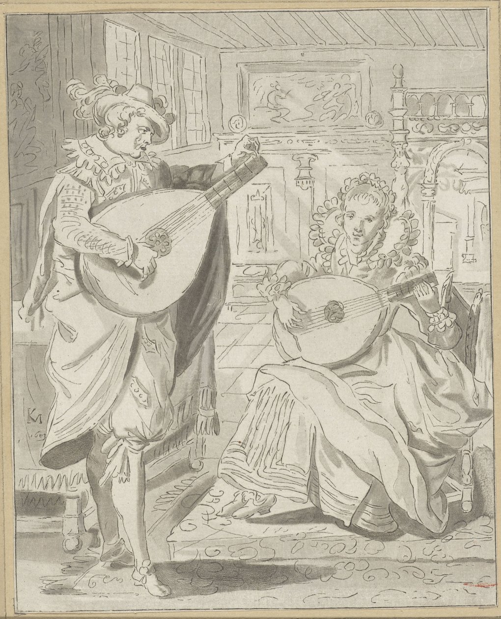 Homme et dame jouant du luth - Cornelis Ploos van Amstel