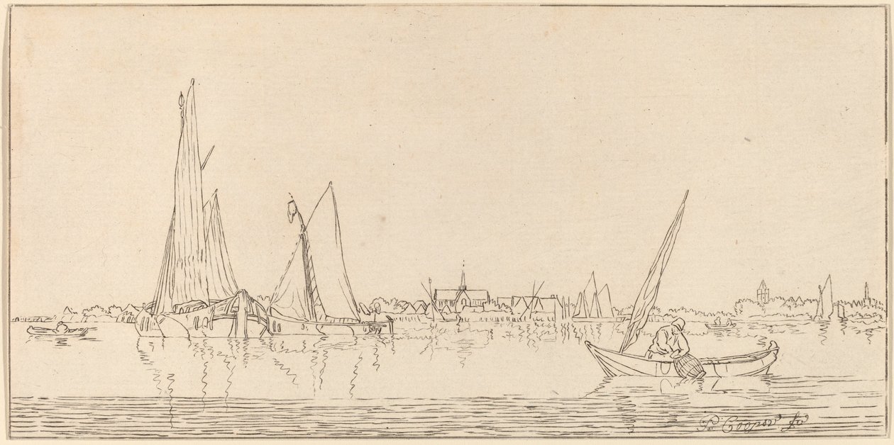 Rivière avec ville - Cornelis Ploos van Amstel