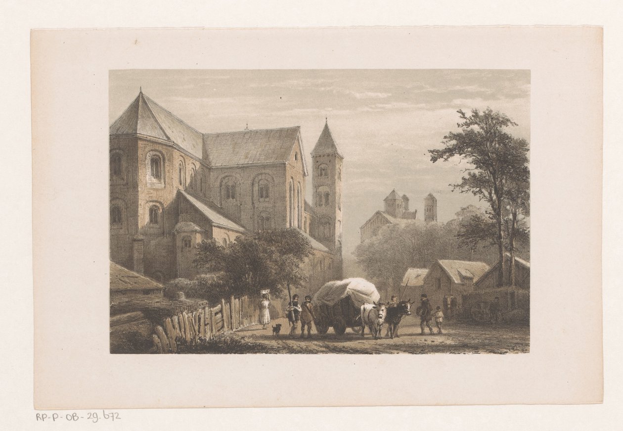 Bovins avec chariot devant une église du XIe siècle - Cornelis Springer