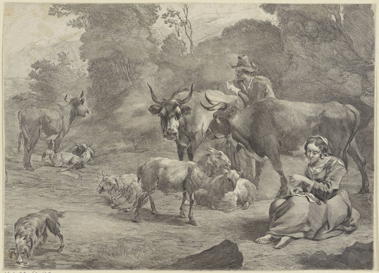 Paysage avec un berger et une bergère cousant - Cornelis Visscher (II)