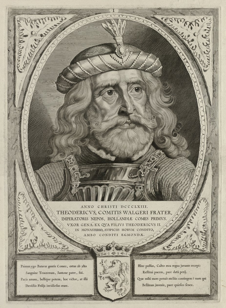 Dirk I, comte de Hollande, en armure. Le cadre est décoré des armoiries de la Hollande. NL-HlmNHA 1477 53012894 - Cornelis Visscher