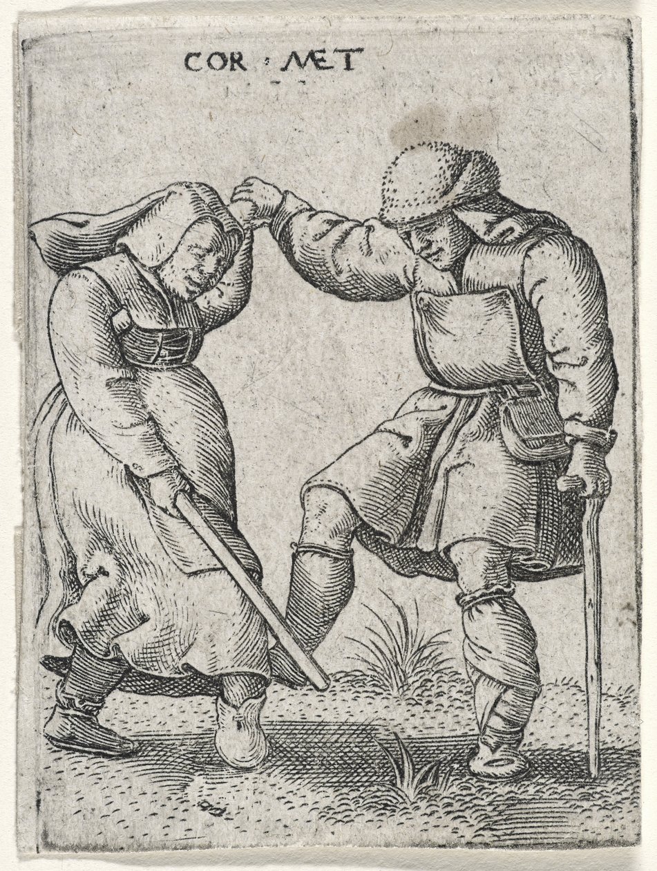 Un homme avec un pied bandé dansant avec une femme, 1572 (gravure sur papier vergé) - Cornelis after Massys