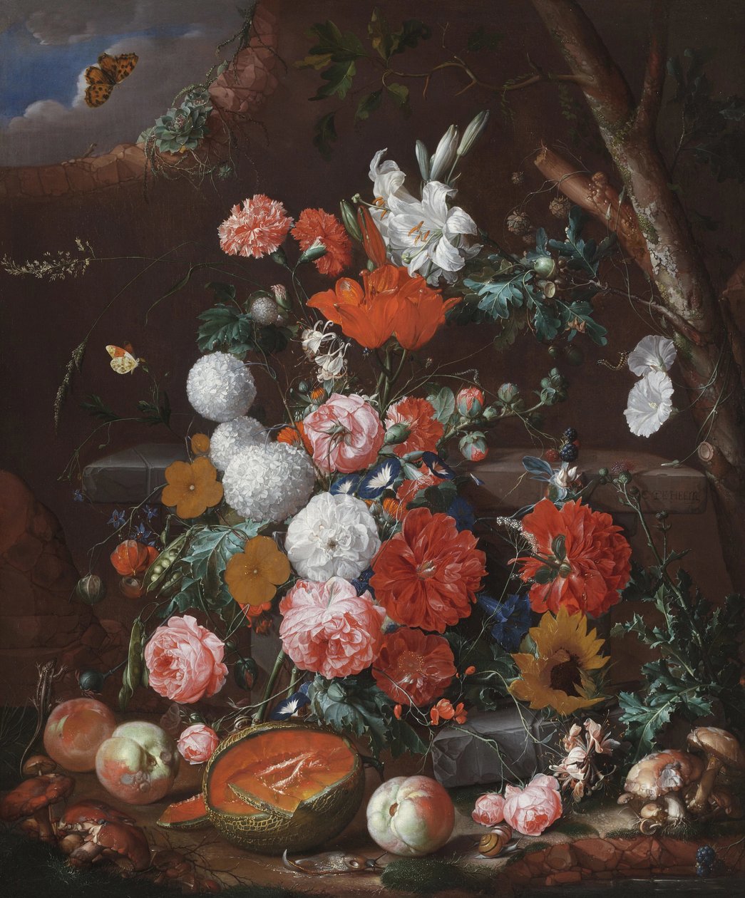 Nature morte de fleurs et de fruits disposés sur un socle en pierre dans un jardin - Cornelis de Heem