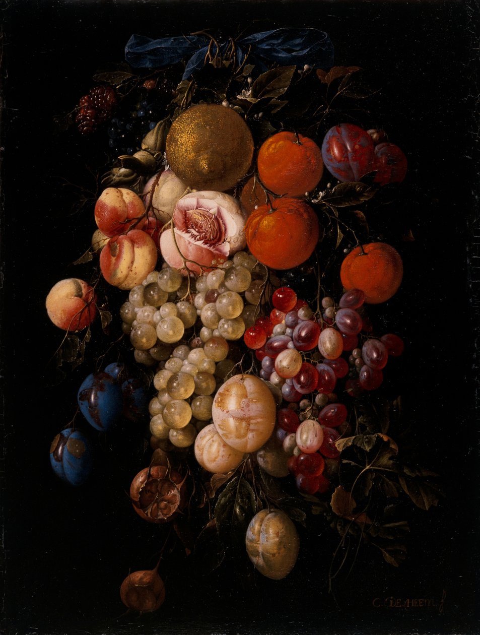 Nature morte de raisins, cerises et prunes suspendus à un clou avec un ruban bleu - Cornelis de Heem