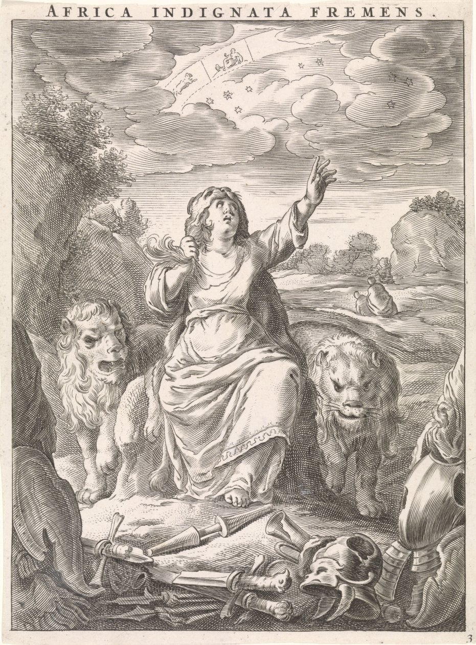 Personnification féminine du continent africain comme femme avec peau de lion assise entre des lions (Africa indignata fremens, série: Quatre continents) - Cornelis van Dalen (II)