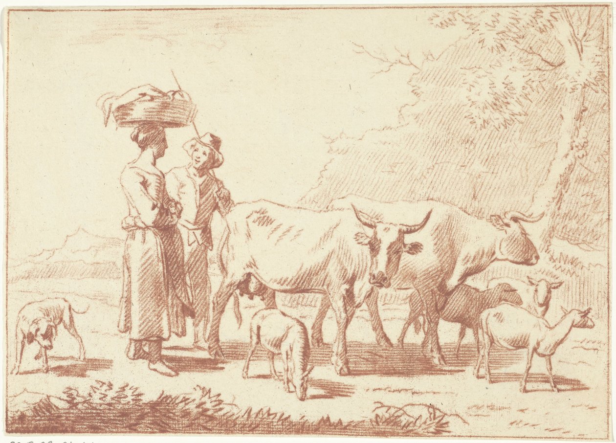 Berger et une femme avec des vaches et des moutons - Cornelis van Noorde