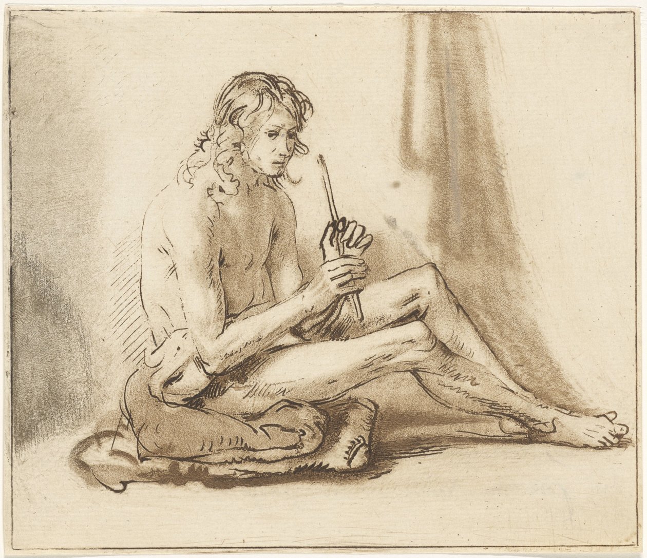Homme nu assis avec flûte - Cornelis van Noorde