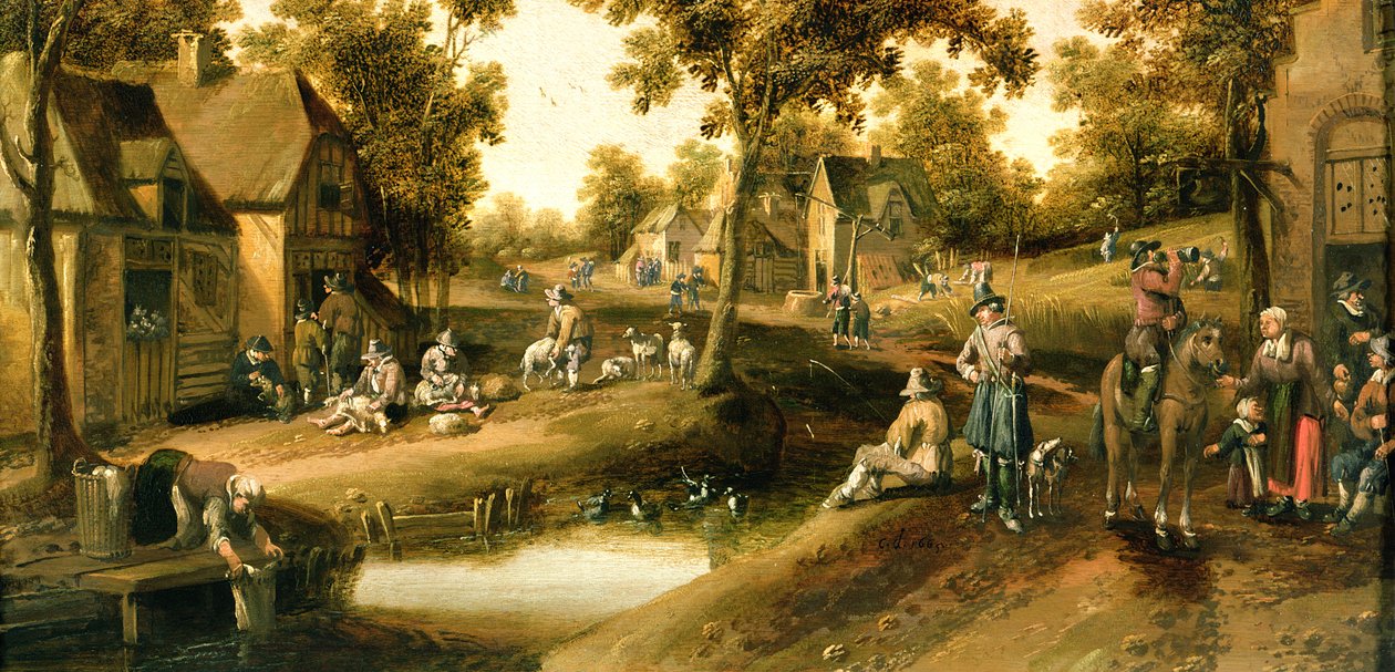 Scène de Village avec Paysans sur les Rives d