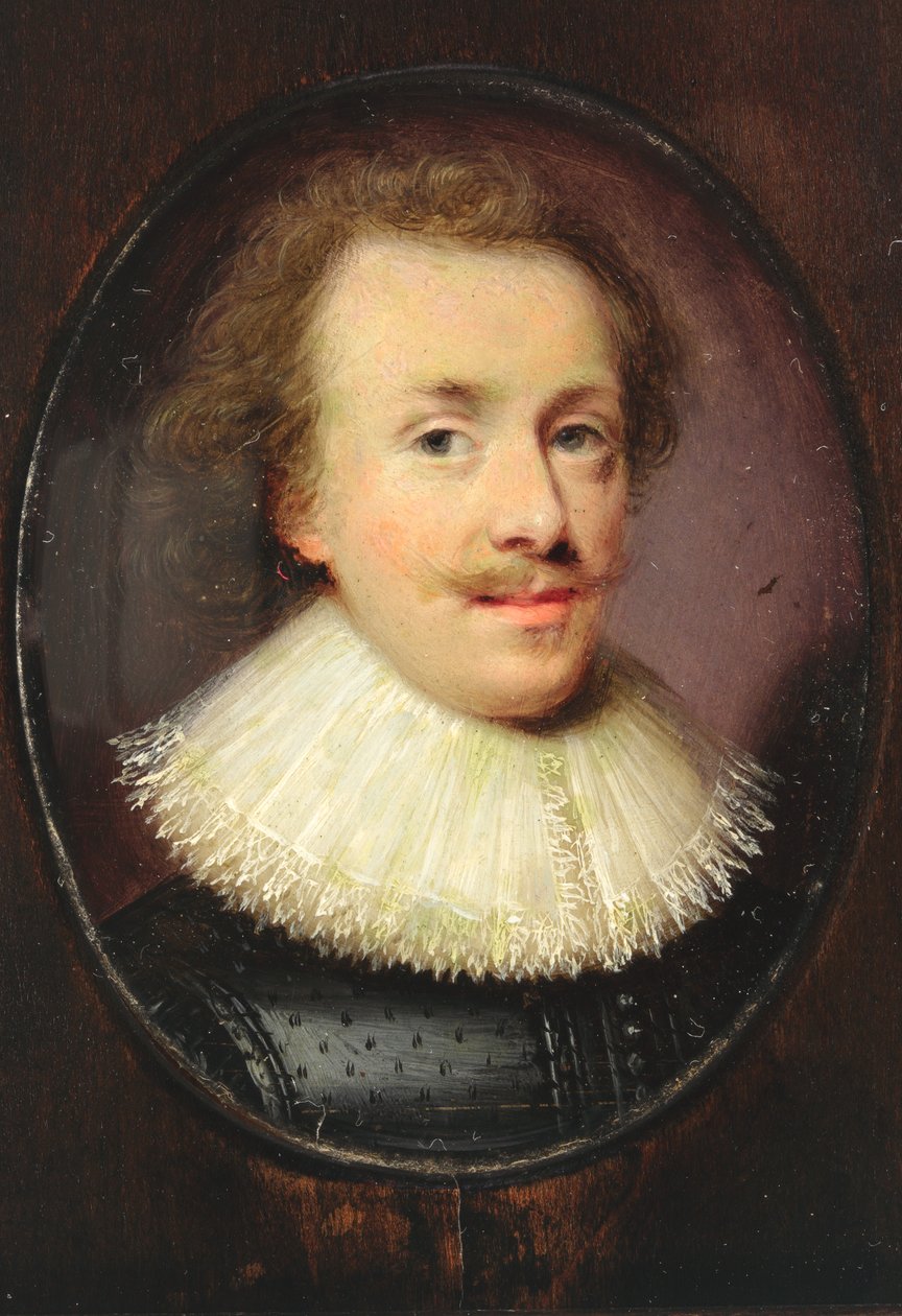 Un gentleman, en pourpoint noir à motifs avec col en dentelle tombante - Cornelius I attr.to Johnson