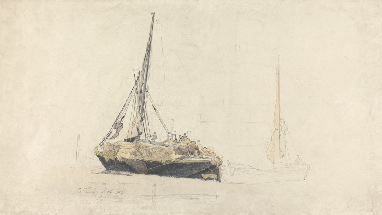 Une barge à voile chargée de foin, décembre 1827 - Cornelius Varley