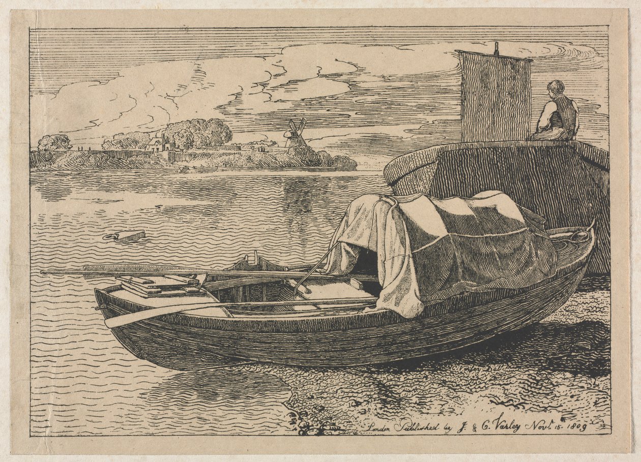 Bateaux sur une rivière, moulin à vent au loin - Cornelius Varley