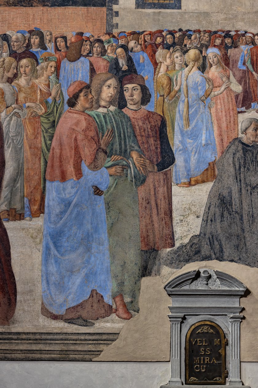 Le groupe des humanistes néoplatoniciens (de gauche à droite, Marsilio Ficino, Giovanni Pico della Mirandola et Agnolo Poliziano) : détail du 