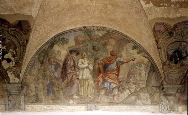 Saint Dominique convertissant un hérétique, lunette du cycle de fresques de la Vie de Saint Dominique, dans le cloître de Saint Dominique, vers 1698 - Cosimo Ulivelli
